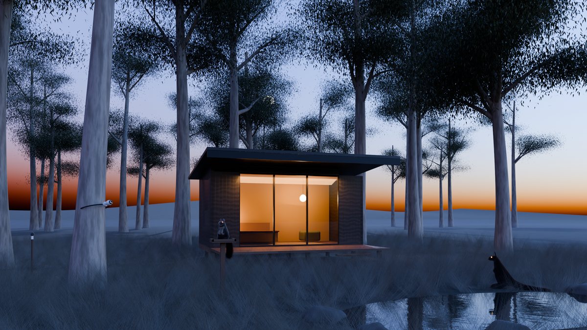 Computer render of a cabin at dusk among gum trees with the planned Wildlife Stays kit installed